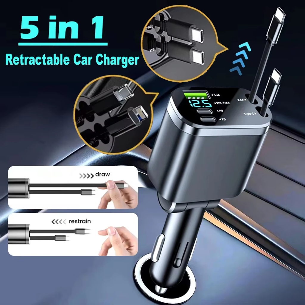 5 In 1 Car Charger Adapter 120W Max พร้อมสายแบบพับเก็บได้ PD30W + 2.4A จอแสดงผลแรงดันไฟฟ้า Super Fas
