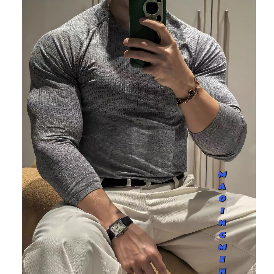 [MAOINGMEN] แขนยาวกีฬาอเมริกันสำหรับผู้ชาย ไม่มีรอยต่อ สลิมฟิต เสื้อยืดระบายอากาศ ด่วนแห้งสูงยืดออกกำลังกายการฝึกอบรมการบีบอัดด้านบน