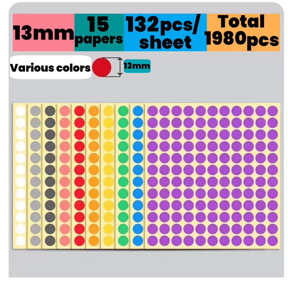 【13mm】132pcs/แผ่นสีจุดติดฉลากป้ายกำกับสี 13 มม. การจำแนกป้ายกำกับสีมาร์คทำเครื่องหมายวางสติกเกอร์สเตชันเนอรี，【Color dot label stickers】【color label】【stationery stickers】 เหนียวเหนียว， หลากหลายปากกา， 132pcs/แผ่น， วัสดุที่เ
