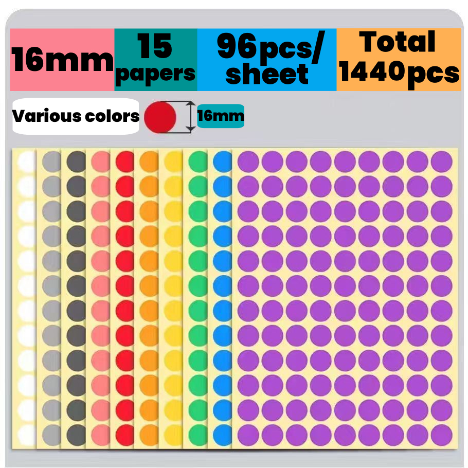 16 มม.，【16mm 】สติกเกอร์จุดสี， 96pcs/แผ่นสีจุดติดฉลากสีสติ๊กเกอร์ 16 มม. 【Color dot label stickers】【color label】【stationery stickers】การจำแนกประเภทป้ายสีป้อมปราการสเตชั่สเตอร์สเตชัน