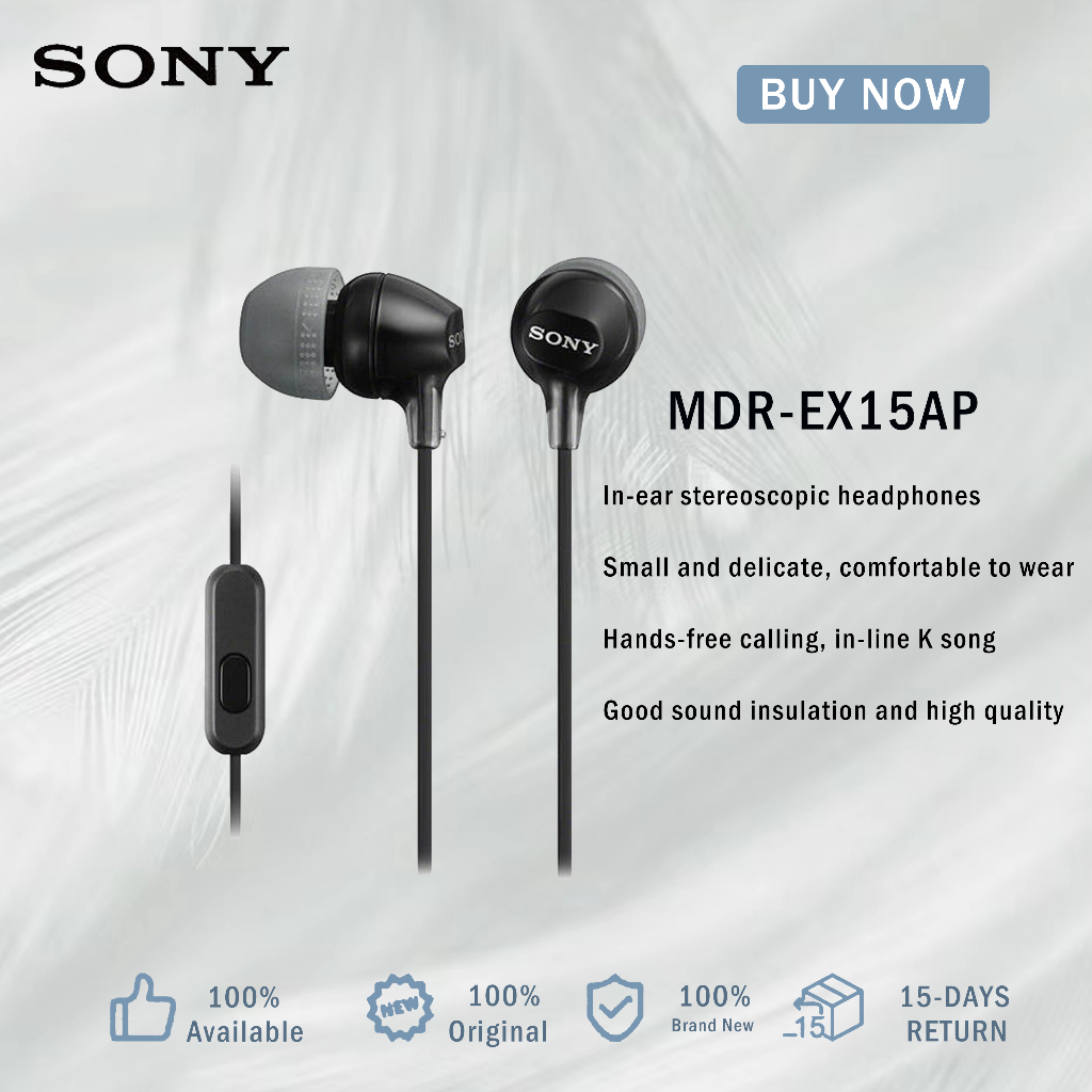 SONY MDR-EX15AP หูฟัง 3.5 มม.หูฟังสเตอริโอชนิดใส่ในหูแฮนด์ฟรีพร้อมไมโครโฟน