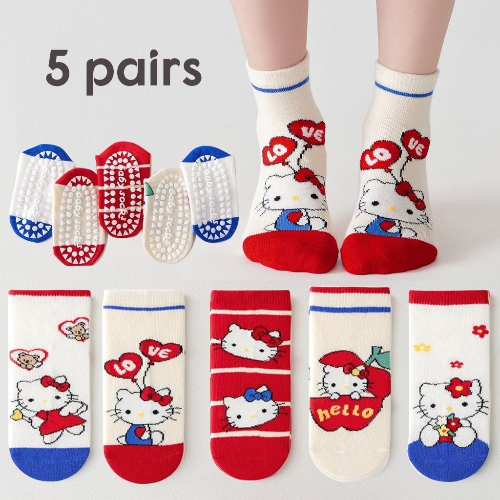 1 ชุด 5 คู่ถุงเท้ากันลื่นสำหรับเด็ก, ถุงเท้ากันลื่น Hello Kitty