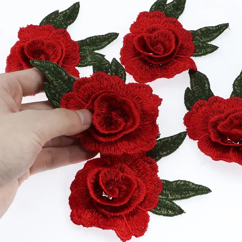 แพทช์ปักฝัง DIY 3D ลายดอกไม้สีแดง สำหรับตกแต่งผ้า ขนาด 7.6 x 10 ซม.
