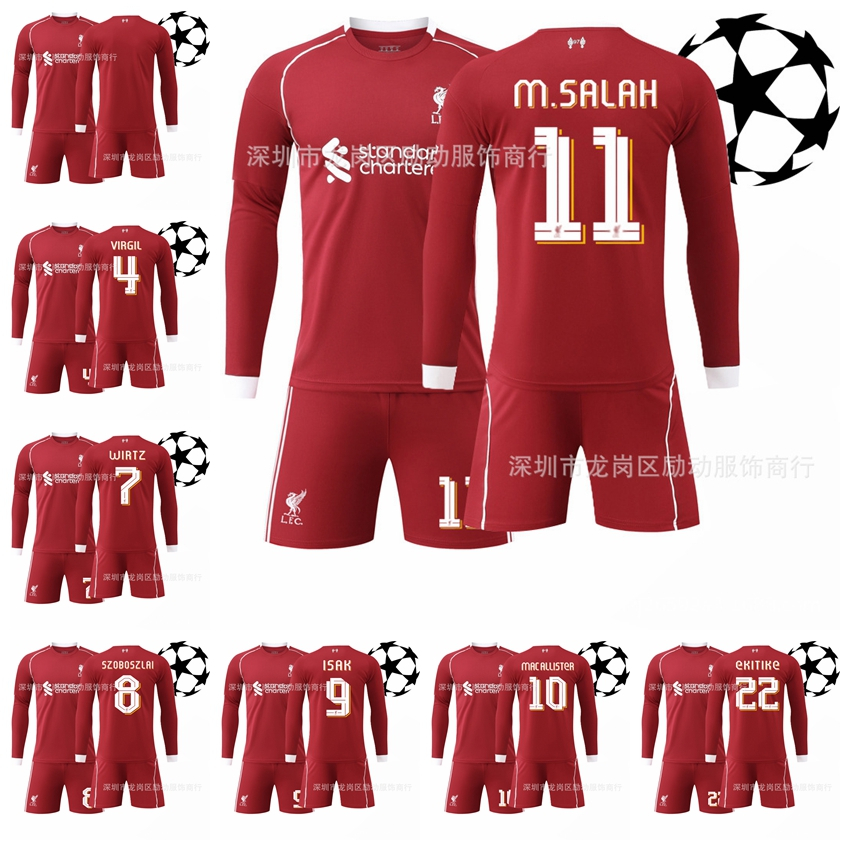 2025-26 ฤดูกาล Liverpool Home UEFA Champions แขนยาวฟุตบอลผู้ใหญ่เด็ก Jersey Kit Virgil van Dijk Wirt