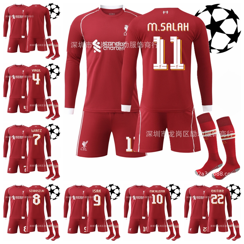 2025-26 ฤดูกาล Liverpool Home UEFA Champions แขนยาวฟุตบอลผู้ใหญ่เด็ก Jersey Kit Virgil van Dijk Wirt