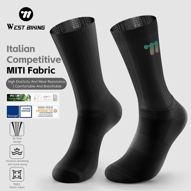 WEST BIKING ถุงเท้าขี่จักรยานยืดหยุ่นสูงสะท้อนแสงถุงเท้ากีฬามืออาชีพแผนที่ขี่จักรยานเดินป่าวิ่งถุงเท้า