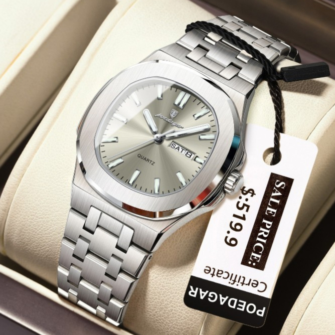 POEDAGAR นาฬิกาผู้หญิงแท้ สายสแตนเลส เรืองแสง ปฏิทิน กันน้ำ 100% รุ่น 792