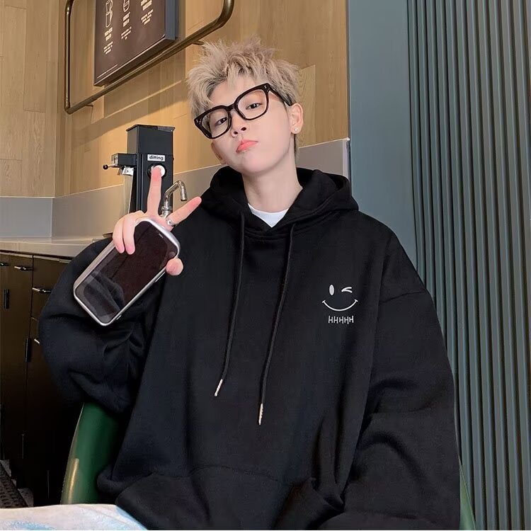 เสื้อกันหนาวมีฮู้ด ผ้าแคชเมียร์ ทรงหลวม ดีไซน์หน้ายิ้ม สไตล์อเมริกัน สำหรับผู้ชาย ขนาด M-5XL