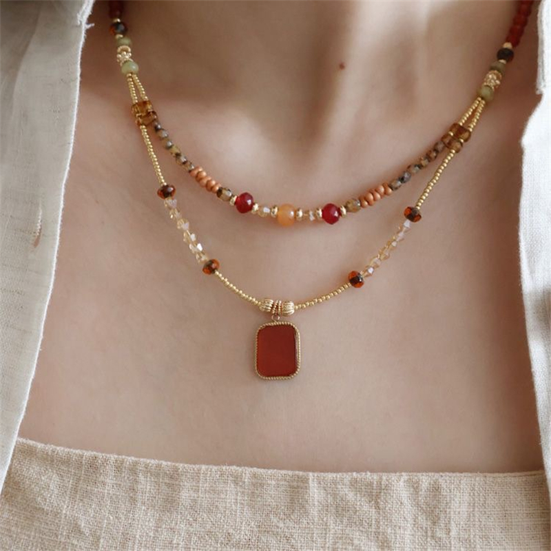 สร้อยคอสองชั้นสแควร์กะเหรี่ยงลูกปัดสีสันสดใส เครื่องประดับวินเทจบำรุงสำหรับของขว