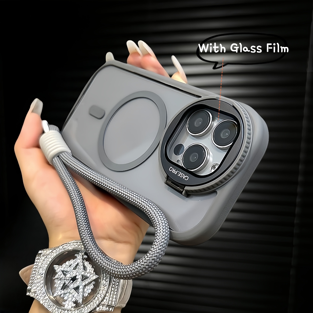 【With lanyard/Round bracket/With Len Film/Transparent Acrylic hard case/Black】เคส compatible for iPhone 11 12 13 14 15 16 pro max case