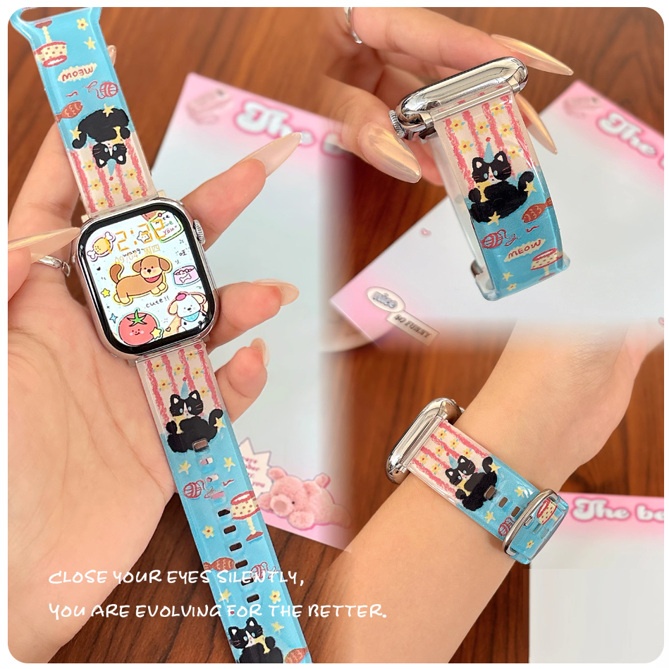 สายนาฬิกาลายการ์ตูนแมวน่ารักสําหรับสายนาฬิกา A-pple Series11 10 9 87654321,SE,Ultra i Wath Strap ขนา