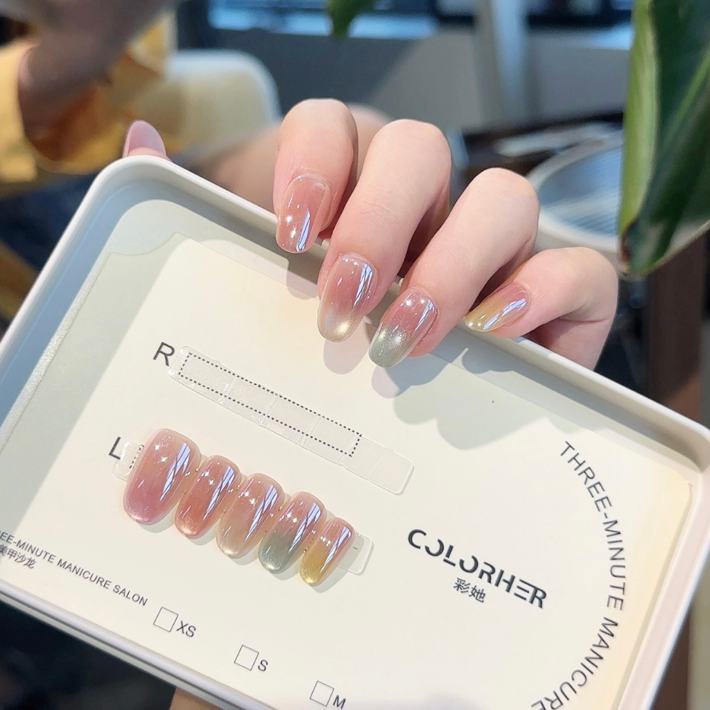 C0194เล็บปลอมสําเร็จรูป เจลแท้ ทำด้วยมือ 10 ชิ้น/กล่อง สีรุ้ง แคทอาย ประณีต สวมง่าย ใช้ซ้ำได้
