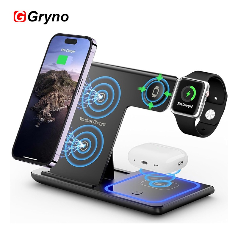 Gryno 3 In 1 พับแม่เหล็กไร้สาย 15W Fast Charger USB-C ขาตั้งสําหรับ iPhone 15, 14, 13, 12 Pro/Max/Plus สถานี Dock Fast Charger Holder