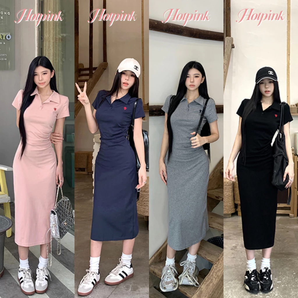 Hotpink ส่งจาก Bangkok🔥เดรสปักลาย คอปกโปโล สำหรับผู้หญิง สไตล์ฤดูร้อน แขนสั้น เดรสจับจีบ เดรสจับจีบ สไตล์เอว #2010