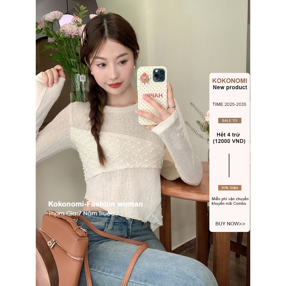 แอปริคอทแขนยาวคอกลม เสื้อยืดผู้หญิง สไตล์กันแดดน่าสวมใส่