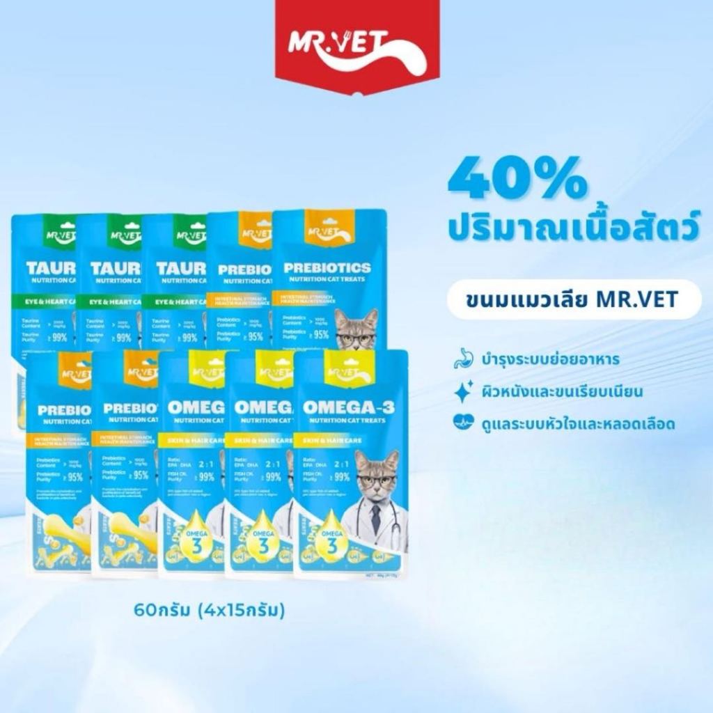 [คอมโบ 10 ซอง] MRVET ขนมแมวเลีย 1 แพ็ค 4 ซอง 60 กรัม สูตรไก่และตับไก่ เหมาะสำหรับแมวทุกช่วงวัย