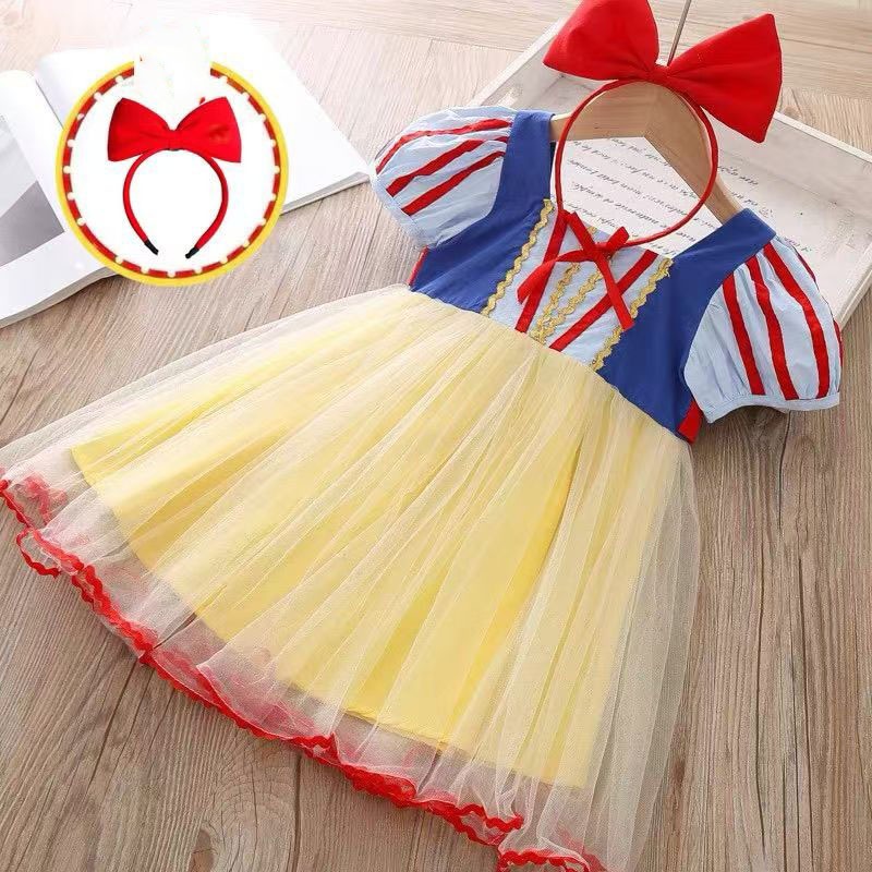 2025ใหม่ g irls ‘ชุดเจ้าหญิงสโนว์ไวท์ลายการ์ตูนระบายอากาศและมีสไตล์ชุดฤดูร้อนสำหรับเด็ก