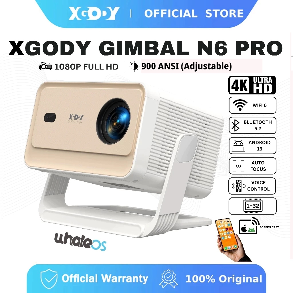 【Netflix รับรองแท้】XGODY โปรเจคเตอร์มินิ N6PRO  เครื่องฉายภาพ 900 ANSI 4K โฟกัสอัตโนมัติ ความจำในตัว