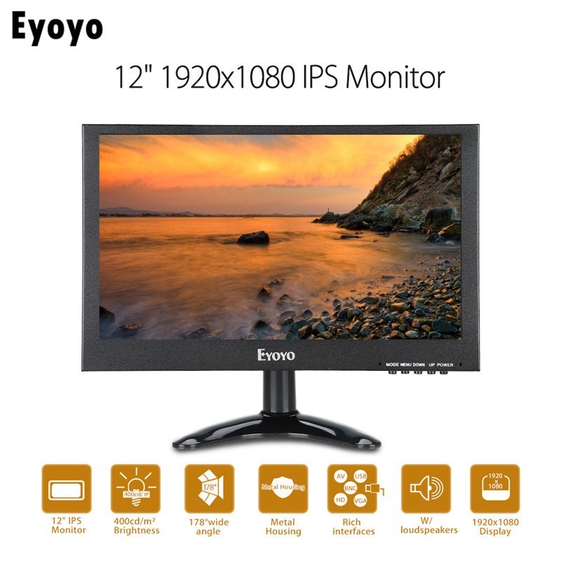 Eyoyo 12 นิ้ว 1920x1080 หน้าจอ IPS LCD รองรับ VGA HDMI BNC AV USB อินพุตในตัว Dual ลําโพงโลหะสําหรับ