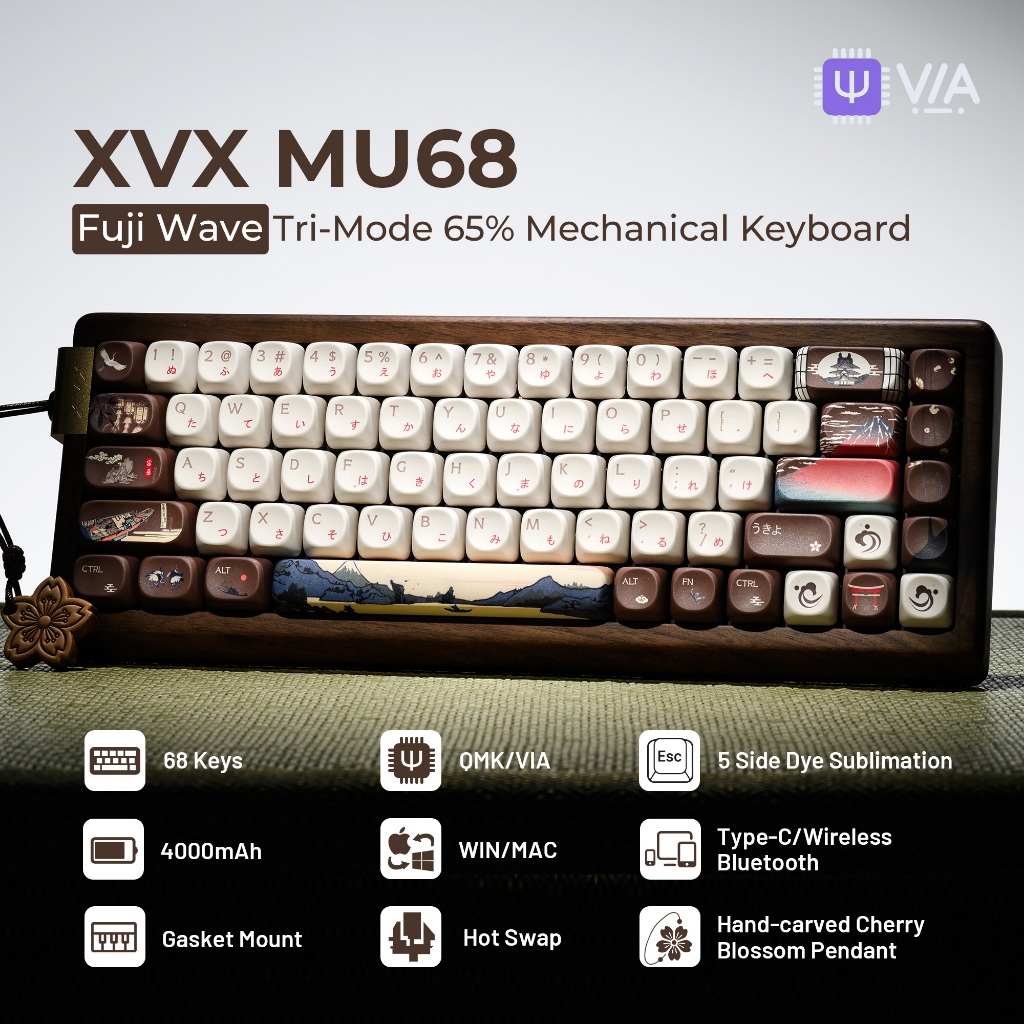 XVX MU68 FujiWave/Wood Grain Theme คีย์บอร์ดแบบกลไก Mountain Seclusion ไม้กรณี 75% USB-C/BT/2.4 Ghz 