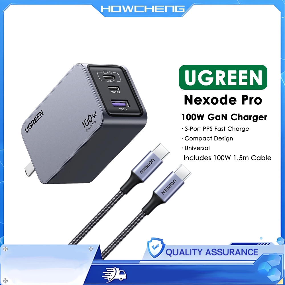 UGREEN เครื่องชาร์จ GaN 3 พอร์ต 100W การออกแบบขนาดกะทัดรัดสําหรับแล็ปท็อปแท็บเล็ตโทรศัพท์และดาดฟ้าไอน้ําอย่างรวดเร็ว
