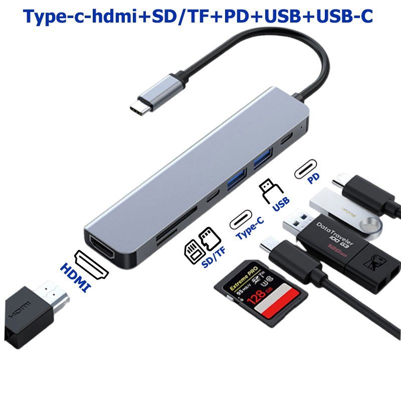 อะแดปเตอร์ฮับType-c HUB USB-C รองรับสูงสุด HDMI 4K 30Hz+ USB2.0+USB3.0+PD+SD/TF