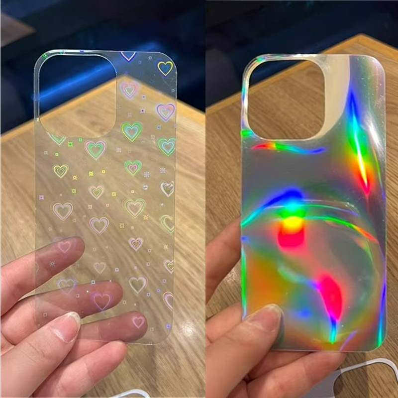 หัวใจเลเซอร์สําหรับiPhone 17 Pro Max 15 16 14 Pro Max 11 12 13 Pro Max Miniเลเซอร์กระดาษสําหรับIphone Xr Xs 6s 7 8 plus Clear Caseกลับตกแต่งGlitterสติกเกอร์