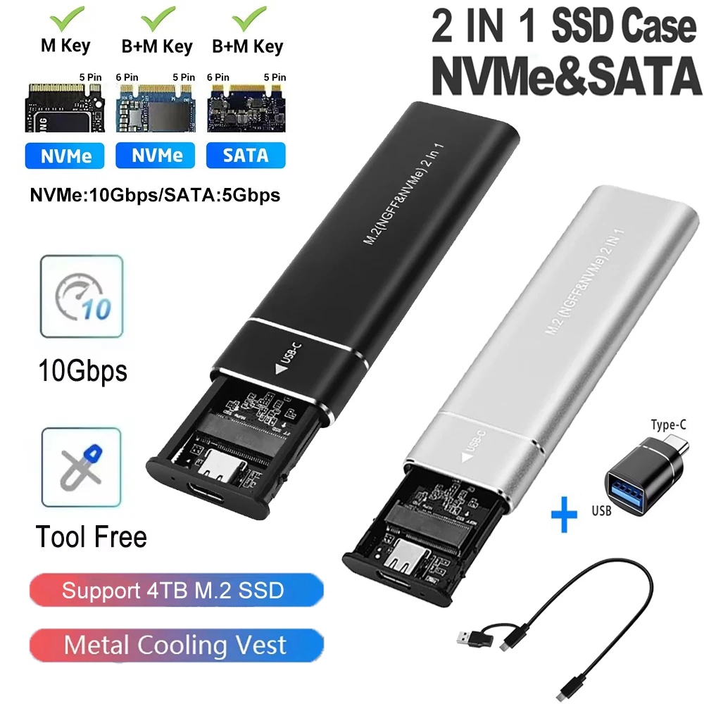 Dual Protocol M2 SSD กรณี M.2 NVMe SATA SSD 10Gbps ภายนอก Enclosure อะแดปเตอร์ Type-C การกระจายความร้อนอย่างรวดเร็วรองรับปุ่ม M และ B & M