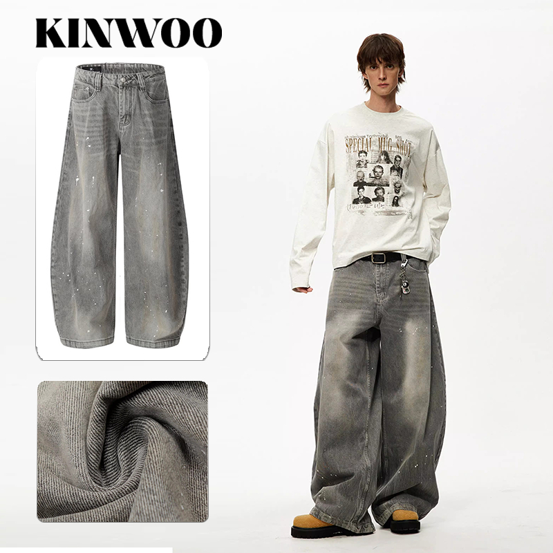 KINWOO กางเกงยีนส์ขากว้าง [Unisex] เนื้อผ้านุ่ม ลวดลายล้างย้อนยุคอเมริกัน สไตล์สตรีทไวบ์ 2025 ใส่เที่ยวทะเล/ชีวิตประจำวัน #แฟชั่นสตรีท #ยีนส์ขากว้าง