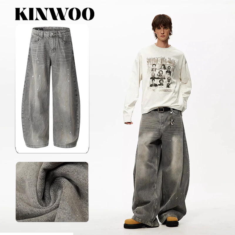KINWOO กางเกงยีนส์ขากว้าง [Unisex] เนื้อผ้านุ่ม ลวดลายล้างย้อนยุคอเมริกัน สไตล์สตรีทไวบ์ 2025 ใส่เที่ยวทะเล/ชีวิตประจำวัน #แฟชั่นสตรีท #ยีนส์ขากว้าง