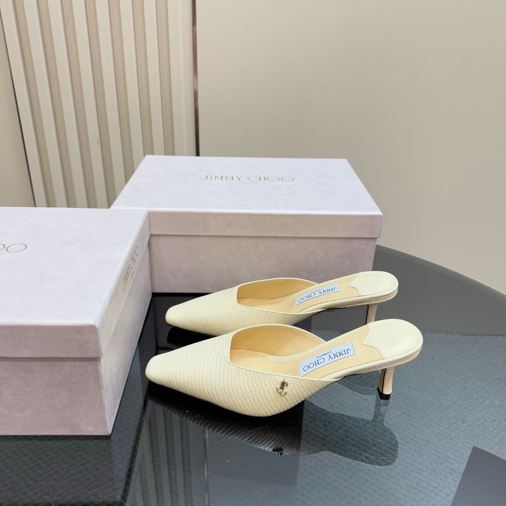 Jimmy Choo สุภาพสตรีแฟชั่นหนังรองเท้าแตะส้นสูงนิ้วเท้าสี่เหลี่ยมเล็ก