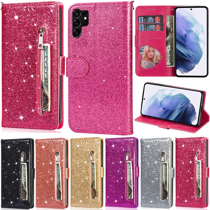 เคสหนัง PU ใส่บัตร กลิตเตอร์ ขาตั้ง ฝาพับ สําหรับ Samsung Galaxy S22 Plus/S23 FE/S22/S23 Ultra/S21 FE/S20 Ultra/S21 Ultra/S20 FE/S23 Plus