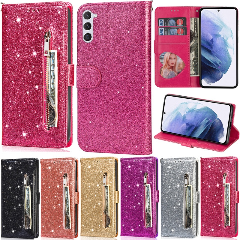 ซิปสําหรับ Samsung Galaxy A56 A36 A55 A35 A15 A25 A24 A54 A34 A14 A53 A33 A05S M14 5G A05 Glitter กระเป๋าสตางค์หนัง PU ช่องใส่การ์ดผิวป้องกันพลิกฝาครอบกรณี