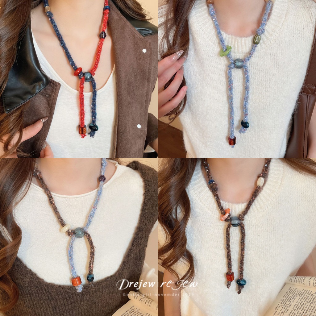 สร้อยคอย้อนยุคสไตล์ชาติพันธุ์ ตกแต่งด้วยเชือกฝ้ายและลูกปัดดอกไม้