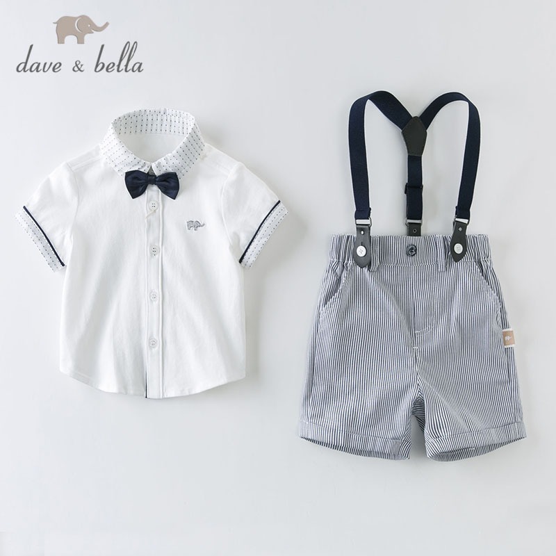 Dave Bella18M-7Y ชุดเด็กผู้ชาย 2 ชิ้น ชุดจัมพ์สูทแขนสั้นสีขาวสำหรับฤดูร้อน พร้อมโบว์ ผ้าฝ้าย DB13370