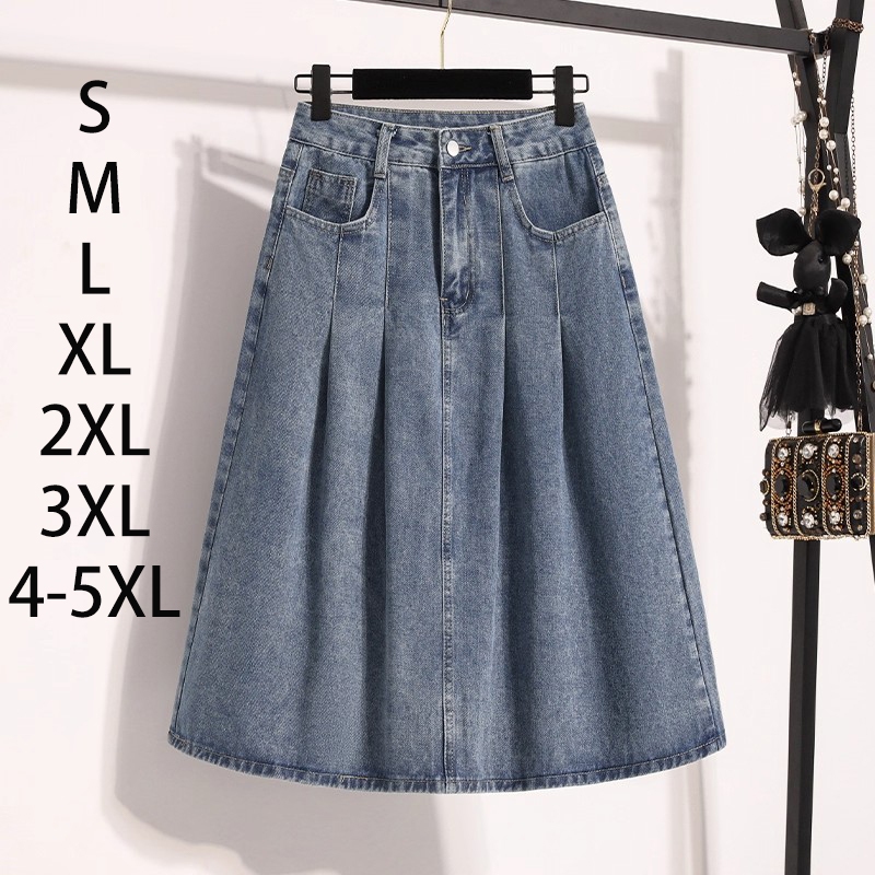 S~5XL Women Casual Washed Midi Denim Skirt กระโปรงยีนส์เอวสูงทรงมิดิ สำหรับทำงานและลำลอง ดีไซน์หางปลามินิมอล HOT