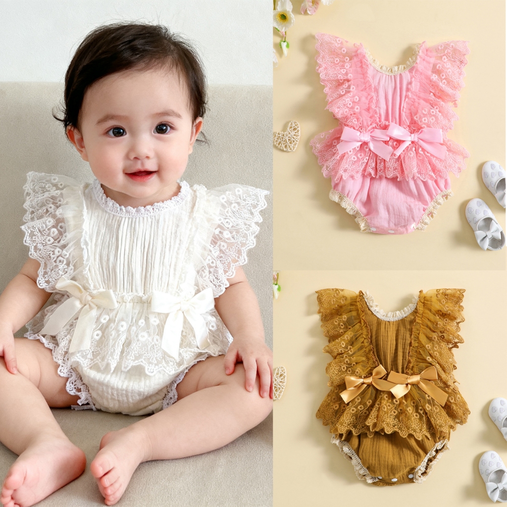 【ส่งจากไทย】 ชุดรอมเปอร์ลําลอง แขนแต่งระบาย แต่งโบว์ ลายดอกไม้ ลูกไม้ แฟชั่นฤดูร้อน สําหรับเด็กผู้หญิง 0-18 เดือน