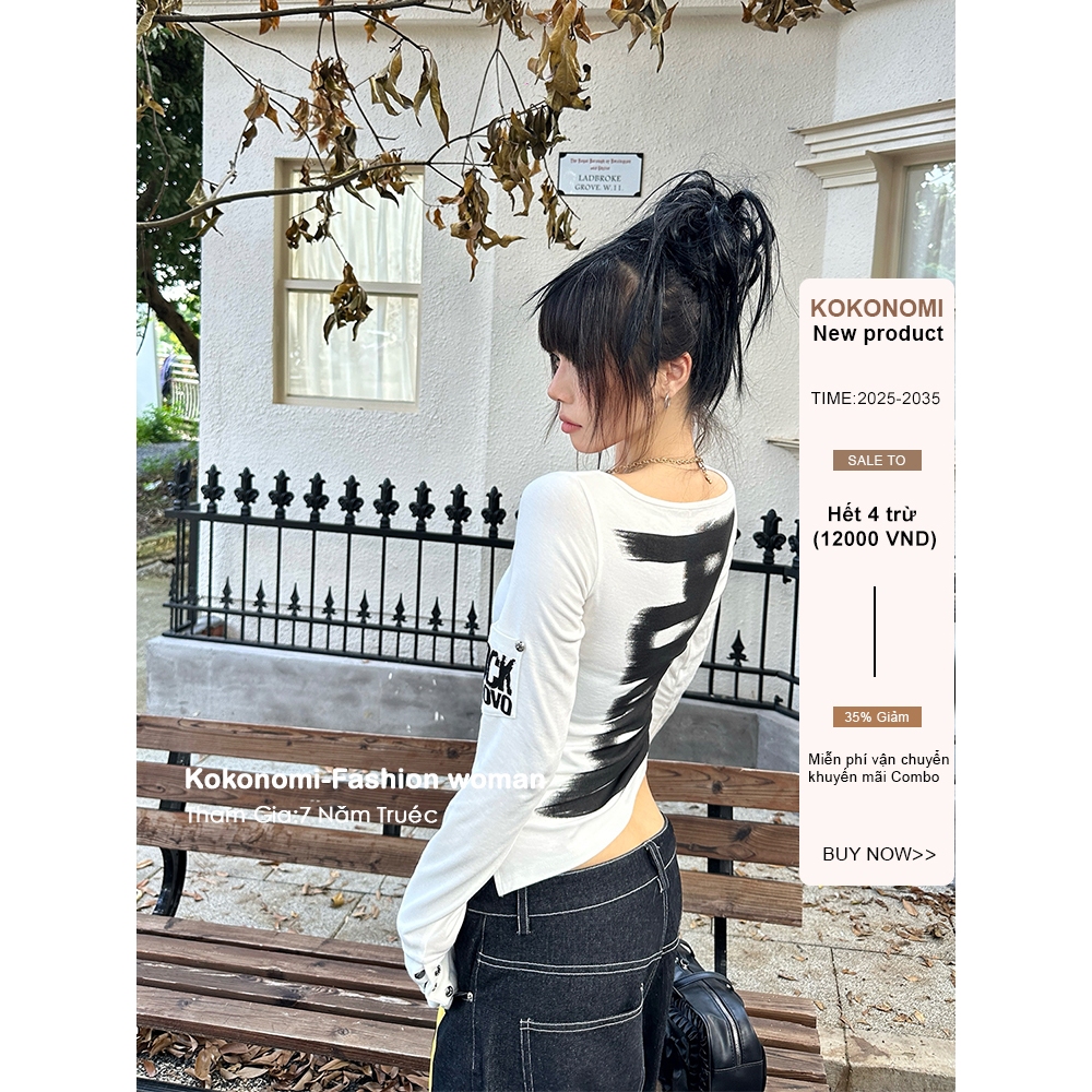 เสื้อยืดแขนยาว One-shoulder Slim Fit สำหรับฤดูใบไม้ร่วง พร้อมพิมพ์ลาย American Hot Girl Letter สำหรับ 여성