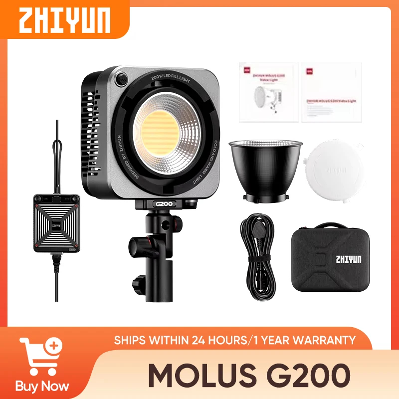 ZHIYUN MOLUS G200 200W 2700K-6500K Bi-สี COB LED Video Light พร้อม Bowens Mount ระบบทําความเย็นใหม่ส