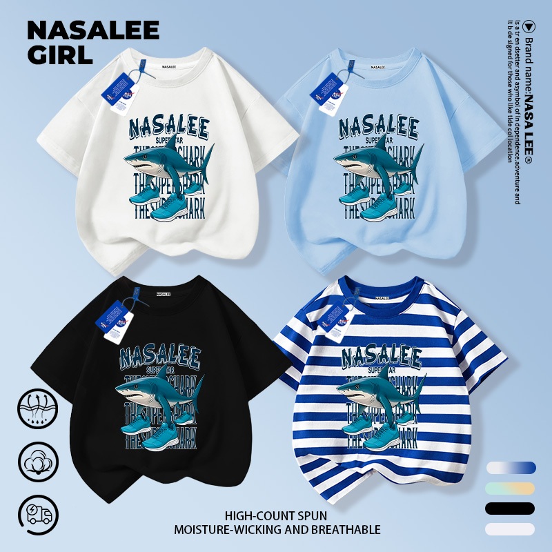 【จัดส่งวันเดียวกัน ถึงใน 2 วัน】เสื้อยืดเด็ก NASA สีฟ้าอ่อน ผ้าฝ้ายระบายอากาศดี ลายฉลามจาก AI Shan Hai Jing สำหรับเด็กชายเด็กหญิงอายุ 3-16 ปี แฟชั่นสวมใส่สบาย
