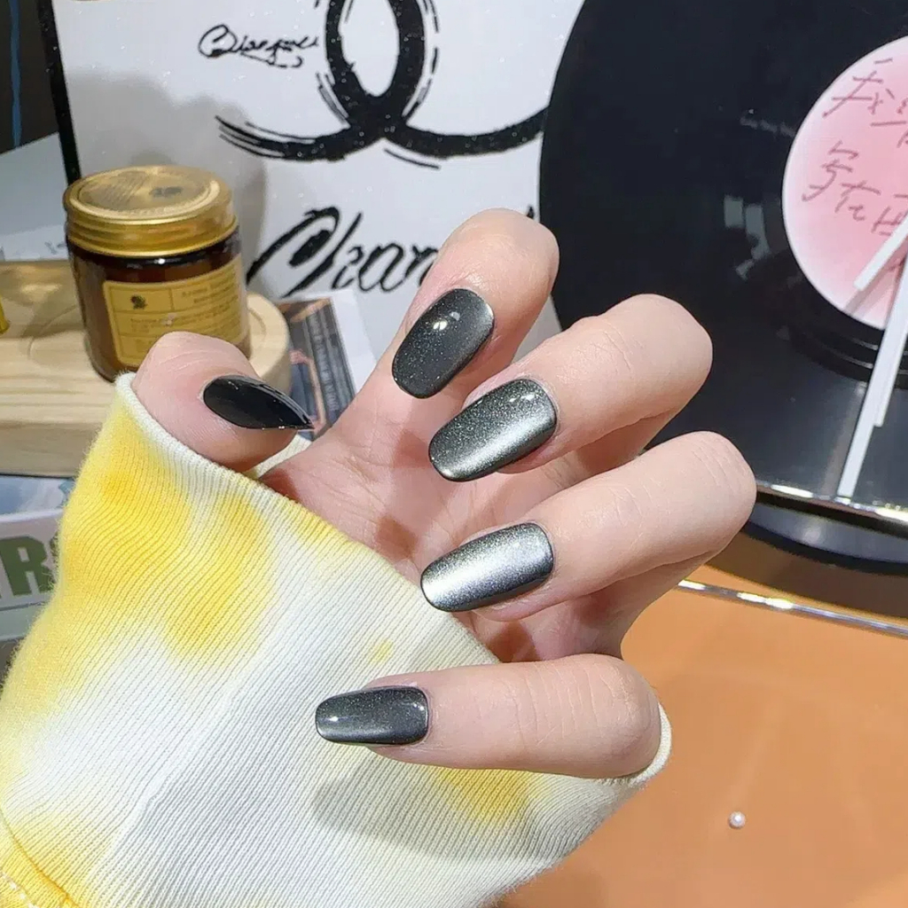 C084 เล็บปลอมสําเร็จรูป ทำด้วยมือ 10 ชิ้น/กล่อง มินิมอล ไข่มุกดำแคทอาย มีเอกลักษณ์ ดีไซน์สวย ประณีต สวมง่าย ใช้ซ้ำได้