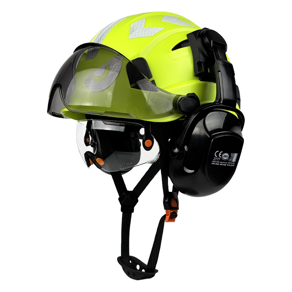 หมวกกันน็อค CE พร้อมกระบังหน้าในตัวแว่นตาที่ปิดหูกันหนาวสติกเกอร์สะท้อนแสง ABS หมวกแข็งกู้ภัยกลางแจ้ง