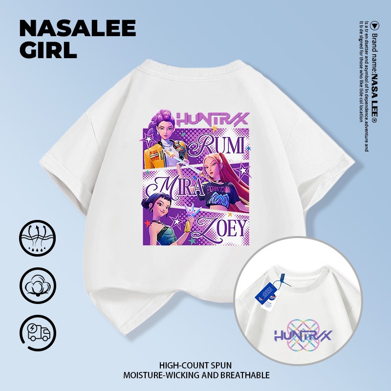 【จัดส่งวันเดียวกัน ถึงใน 2 วัน】เสื้อทีมเด็ก NASA สีขาว ผ้าฝ้ายระบายอากาศดี พิมพ์ลายกลุ่มสาวนักล่ามาร ไซส์ 3-16 ปี เสื้อแขนสั้นสไตล์สปอร์ต