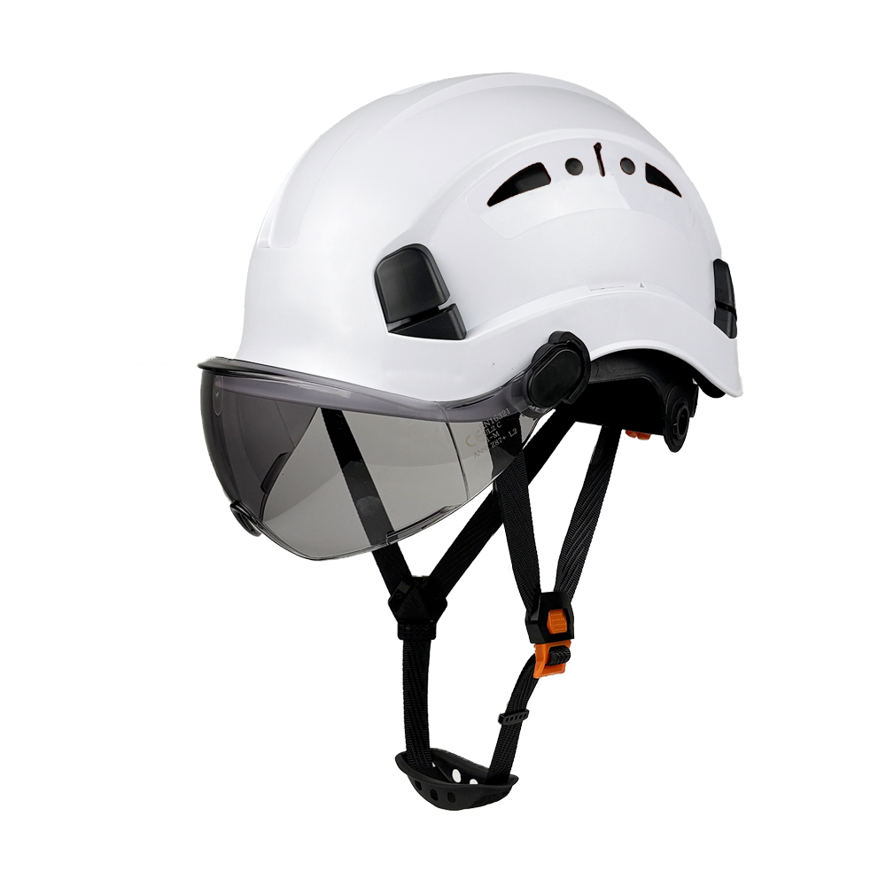 หมวกนิรภัยสําหรับงานก่อสร้าง CE พร้อมแว่นตา หมวกแข็ง ABS ปรับระบายอากาศ Hardhats Anti Smash