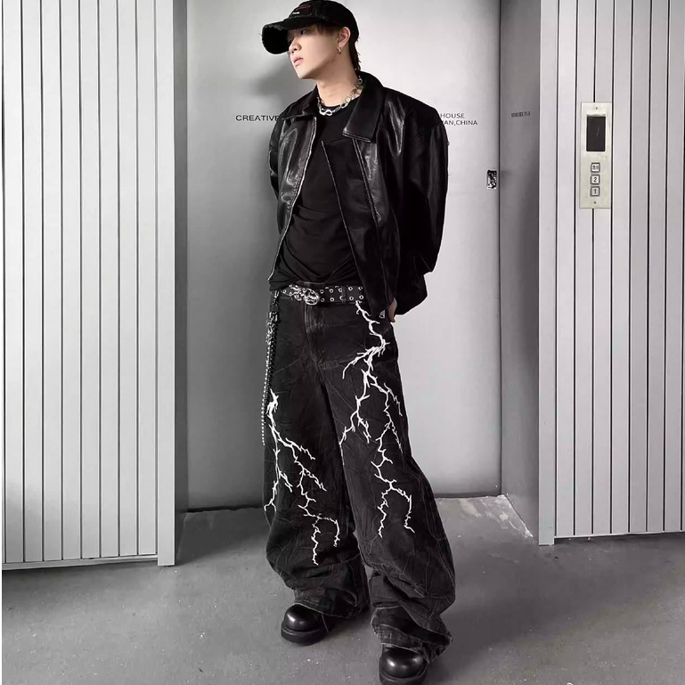 VELA-กางเกงยีนส์สีดำผู้ชาย ทรงหลวม ขากว้าง  สไตล์อเมริกัน baggy jeans