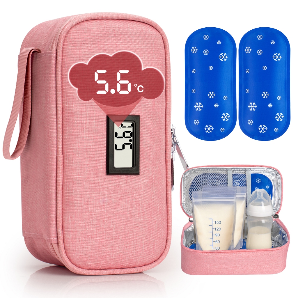 กระเป๋าเก็บความเย็นนมแม่พร้อมจอแสดงผลอุณหภูมิเรียลไทม์เคสเก็บนมแม่เดินทางแบบพกพารวมแพ็คน้ําแข็งนํากลับมาใช้ใหม่ได้ 2 ชิ้นสําหรับสูบน้ําแม่บน ไป (สีชมพู)