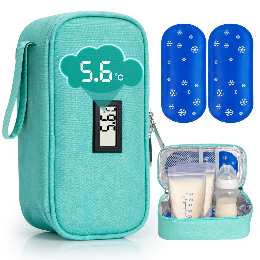 กระเป๋าเก็บความเย็นนมแม่พร้อมจอแสดงผลอุณหภูมิเรียลไทม์เคสเก็บน้ํานมแม่เดินทางแบบพกพารวมแพ็คน้ําแข็งนํากลับมาใช้ใหม่ได้ 2 ชิ้นสําหรับสูบน้ําแม่บน ที่ ไป (สีเขียวอ่อน)