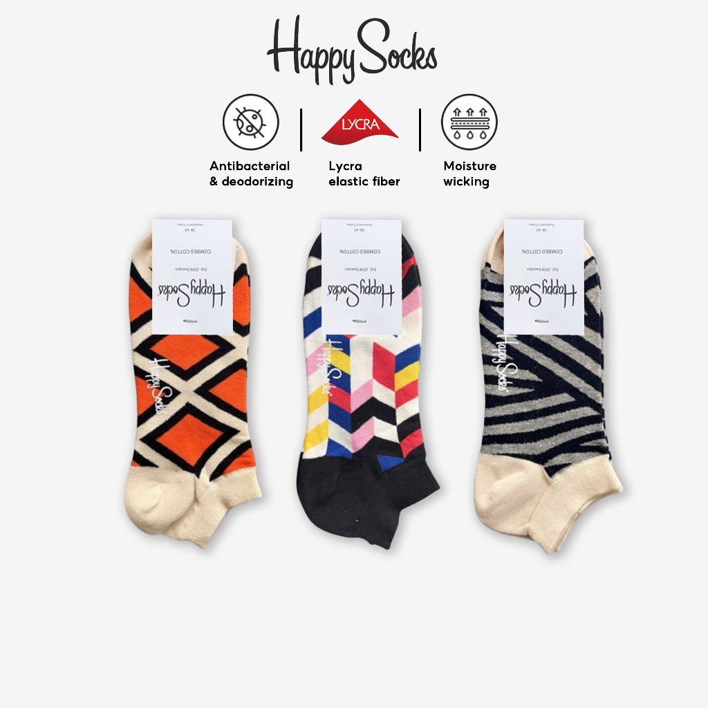 Happy Socks ถุงเท้าข้อเท้าผ้าฝ้ายลายน่ารักสำหรับผู้ชาย ลายเส้น