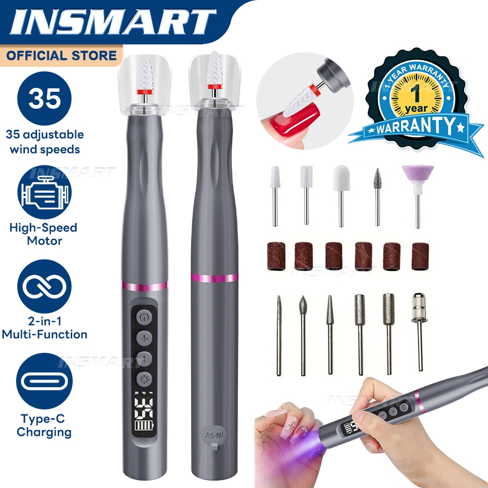 INSMART เครื่องเจียเล็บไฟฟ้า ตะไบไฟฟ้า พร้อมหลอดไฟ UV LED เครื่องขัดเล็บและขจัดผิวที่ตายแล้ว