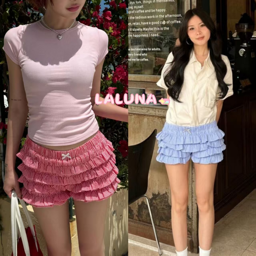 Lln🍑พร้อมส่ง🍑 กางเกงขาสั้นเอวต่ำยางยืดลายสก็อตสไตล์อเมริกันย้อนยุคสุดฮอต